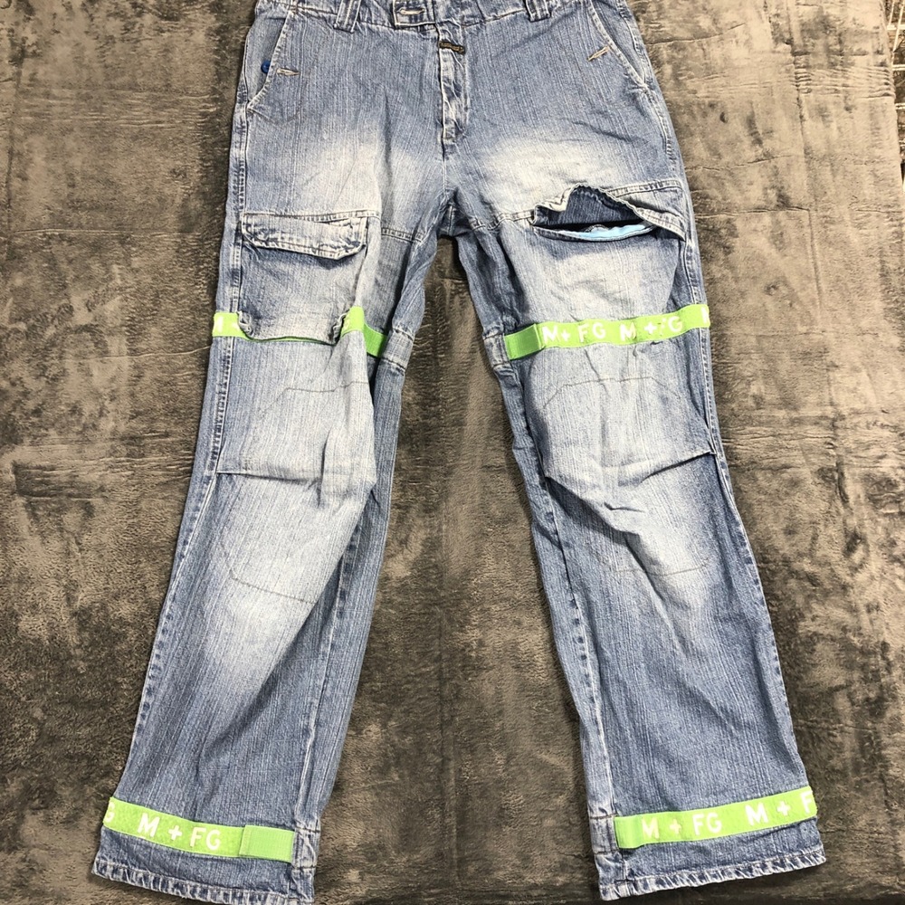 Marithe Francois Girbaud Mens Baggy Cargo Jeans Blue Denim 36 Logo Strap 90s Y2K - Picture 9 of 11